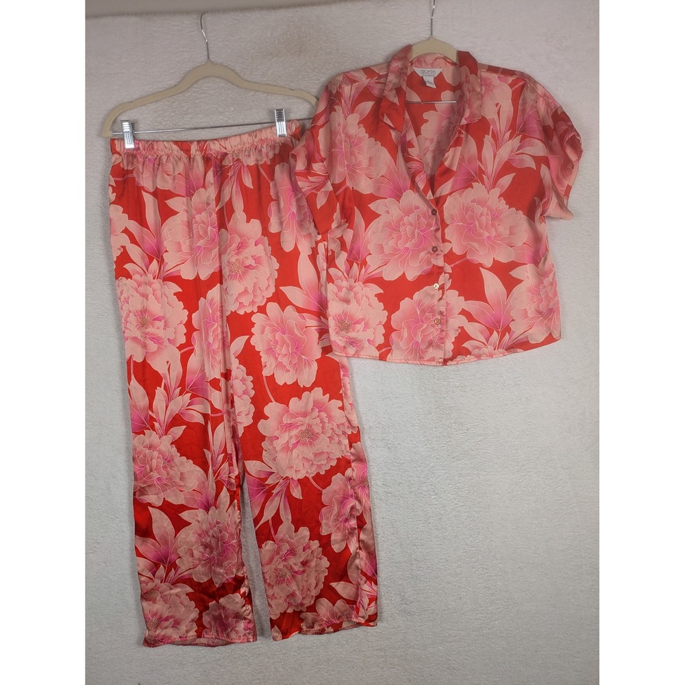 Sofia Intimates Pajama Set Women's Small Red Floral Satin Button Top Pants S
